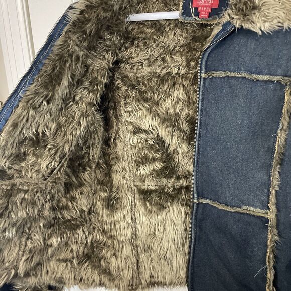 Vintage Jacket Coat Shaggy Penny Lane Denim Faux Fur Women’s Small Y2K Trucker - Picture 4 of 11